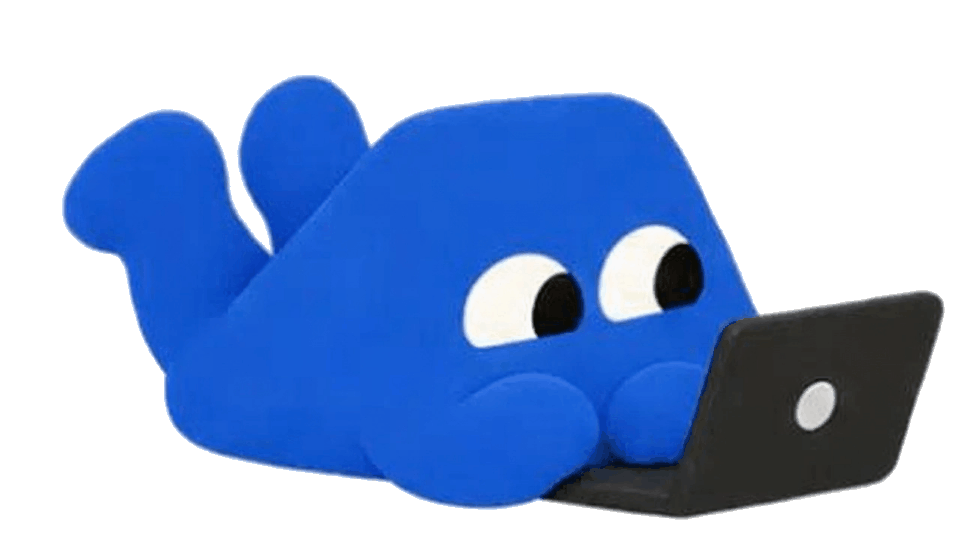 Axel, a round blue mascot, checking his phone